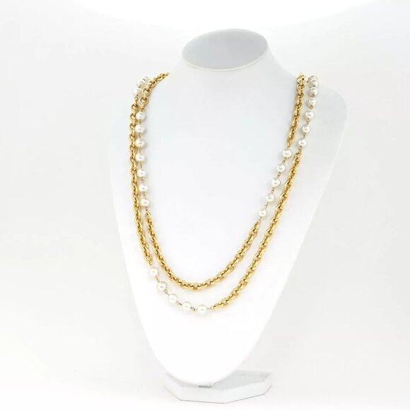 CHANEL Double Chain Pearl Long Necklace 37" Gold Tone Auth w/Box l1140 - Picture 12 of 16